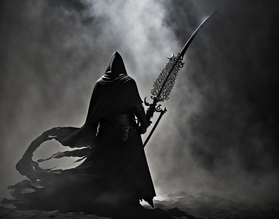 Cloaked figure with ornate sword in misty backlight