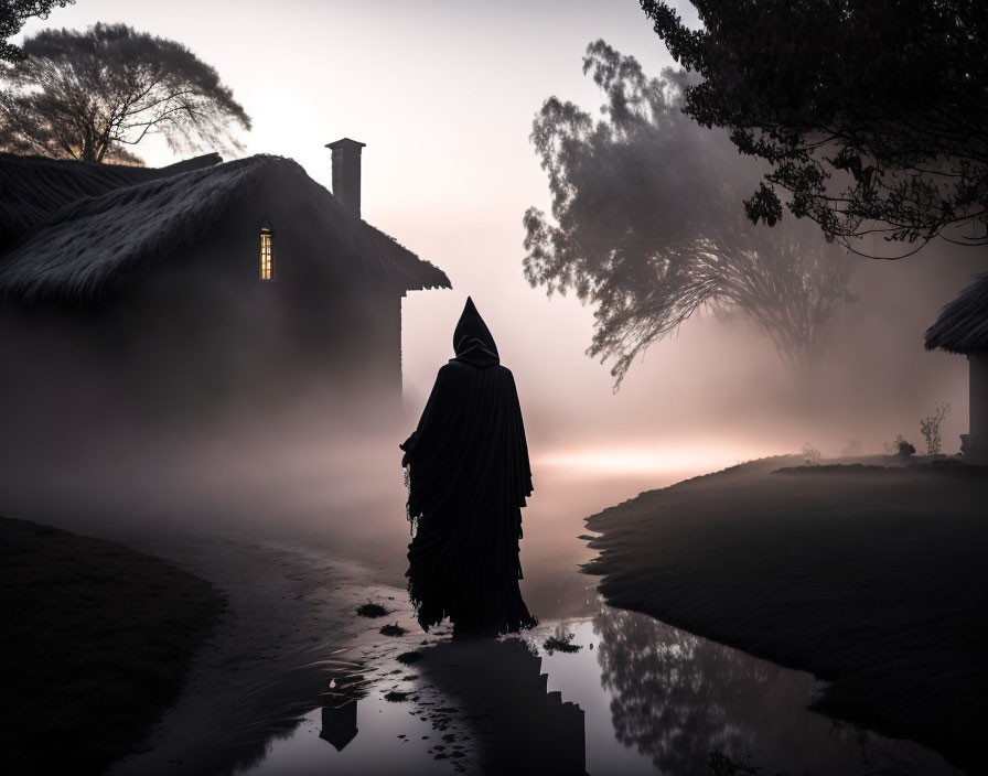 Cloaked figure near water reflection on foggy twilight path by thatched-roof huts