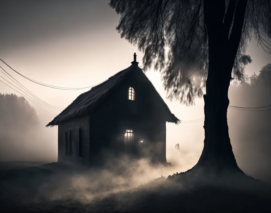 Foggy scene of illuminated cottage under tree silhouette