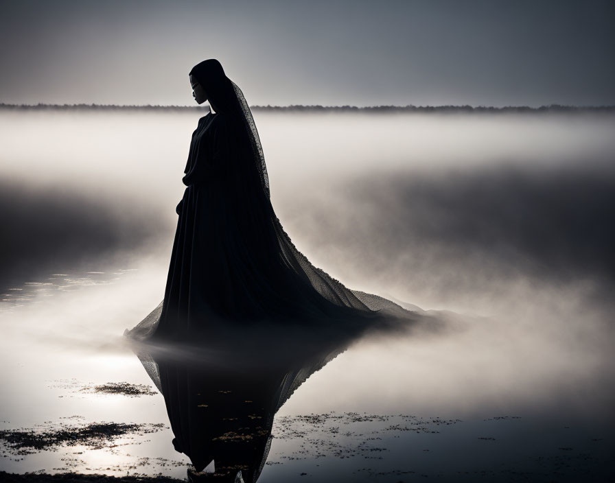 Misty water's edge: Silhouetted figure in flowing cloak reflects serenely