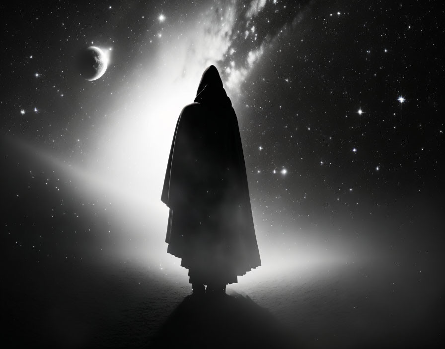 Mysterious figure in cloak under crescent moon and stars