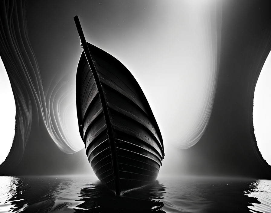 Monochrome image of wooden boat on calm water with surreal backdrop