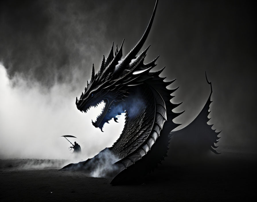 Massive roaring dragon in misty landscape with smaller dragon flying