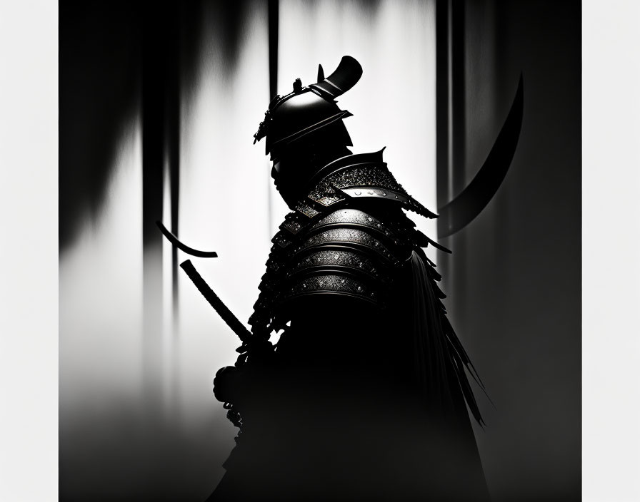 Silhouette of samurai in armor with weapon under dramatic lighting.