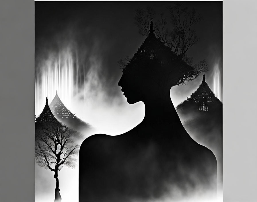 Profile silhouette with Asian architecture and trees in misty setting