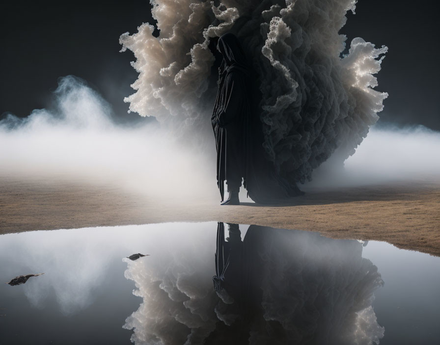 Hooded figure in front of dramatic smoke cloud and water reflection