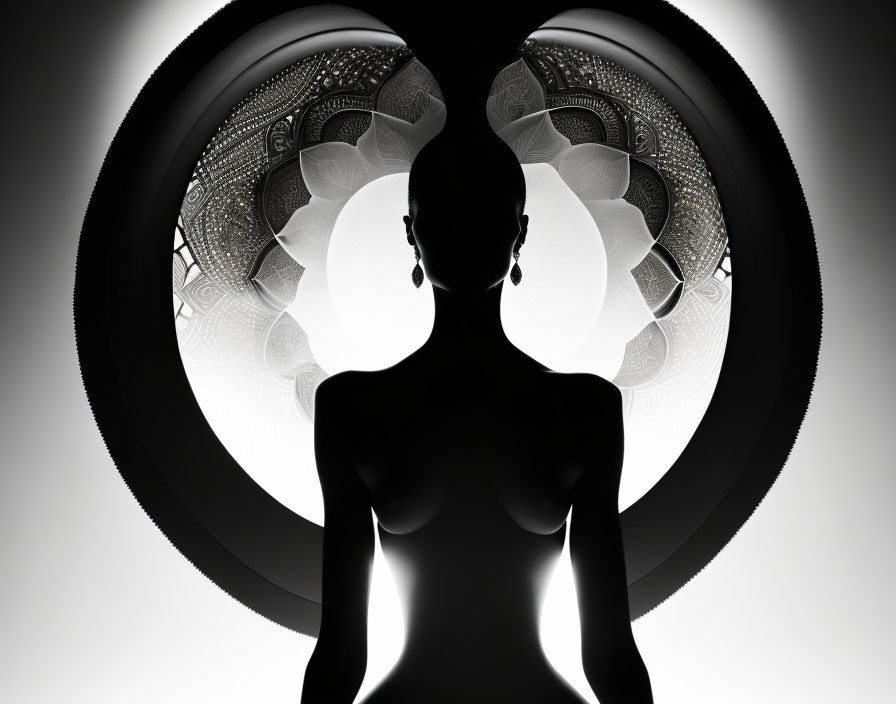 Mysterious woman silhouette against intricate circular backdrop