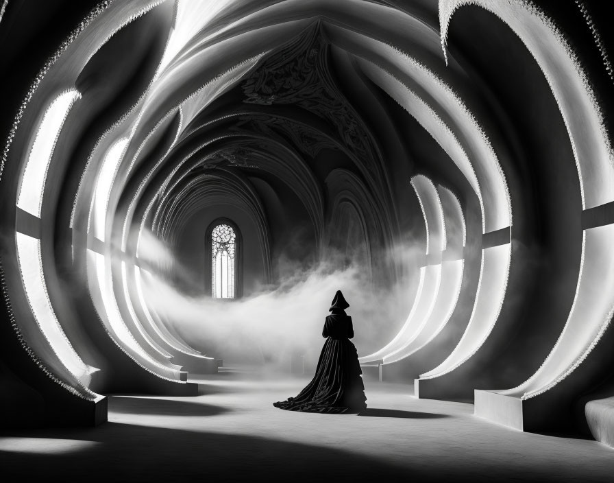 Person in flowing robe in elegant, spiraling architectural space with dramatic lighting