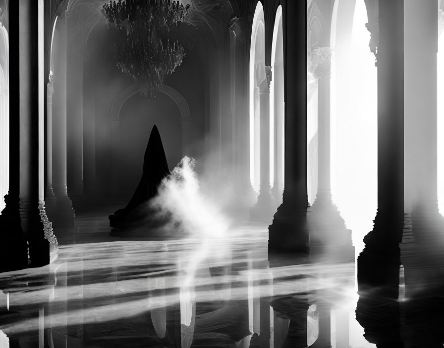 Monochrome image of shadowy figure in misty grand hall