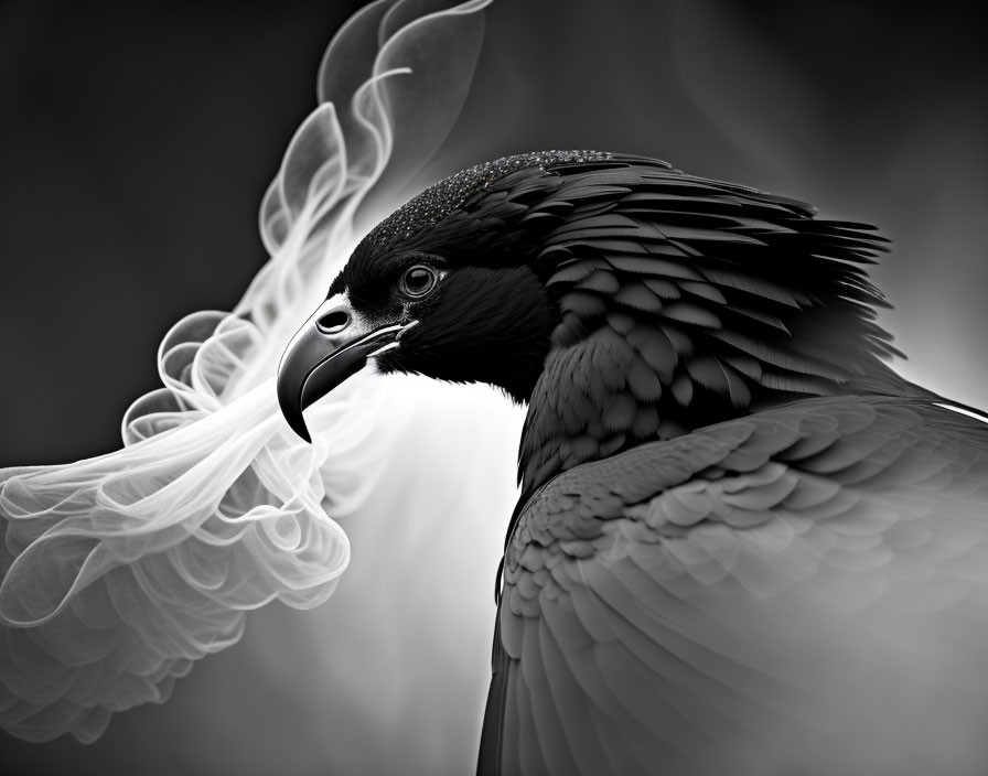 Monochromatic close-up of raven with intricate feathers on smoky background