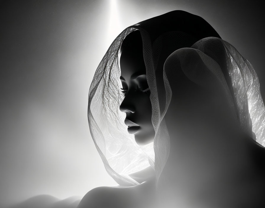 Monochrome silhouette of a woman with sheer veil under dramatic light