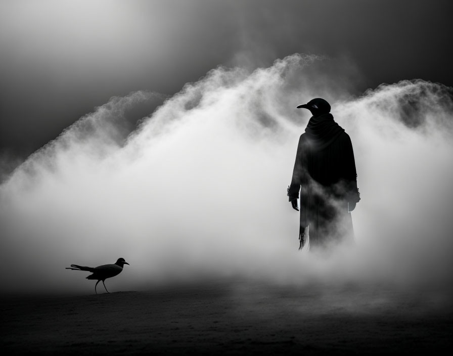 Mysterious figure in cape and hat with bird in mist