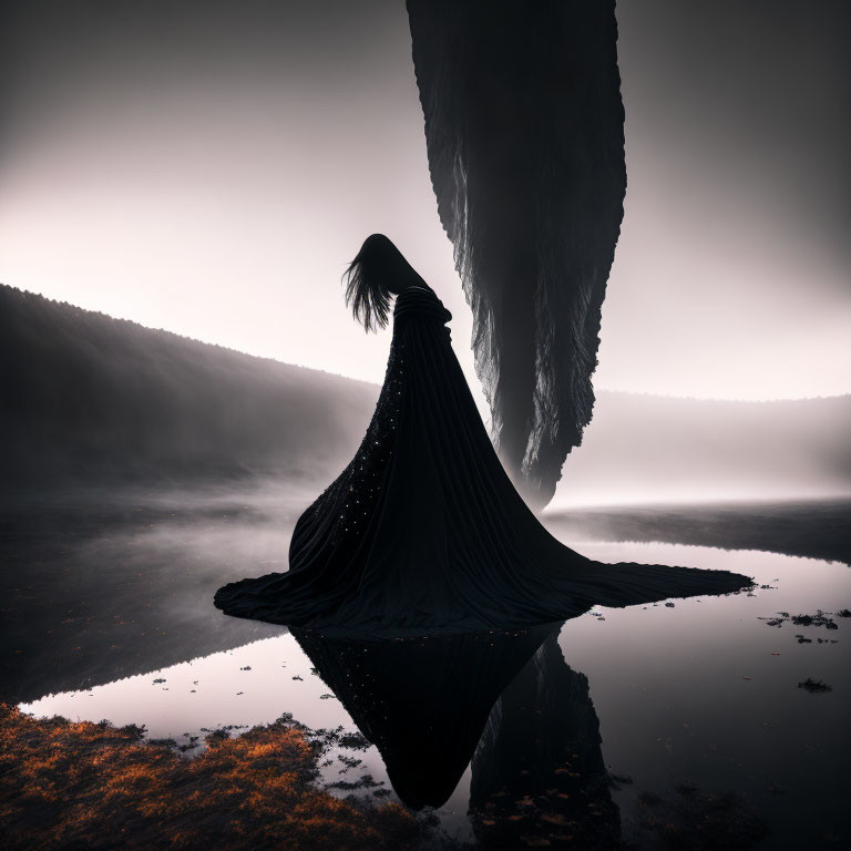 Mysterious Figure in Black Cloak by Reflective Water Surface