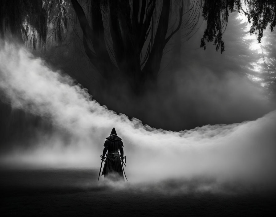 Cloaked figure in misty forest with eerie trees and light.