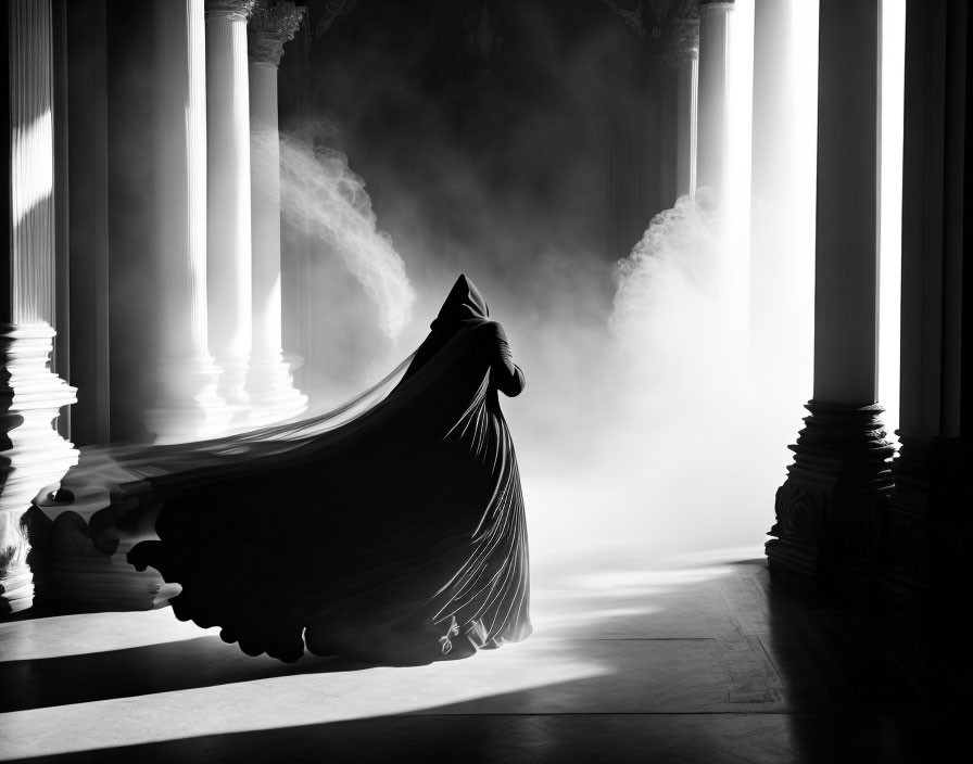 Mysterious figure in flowing cloak in dramatic, misty hall