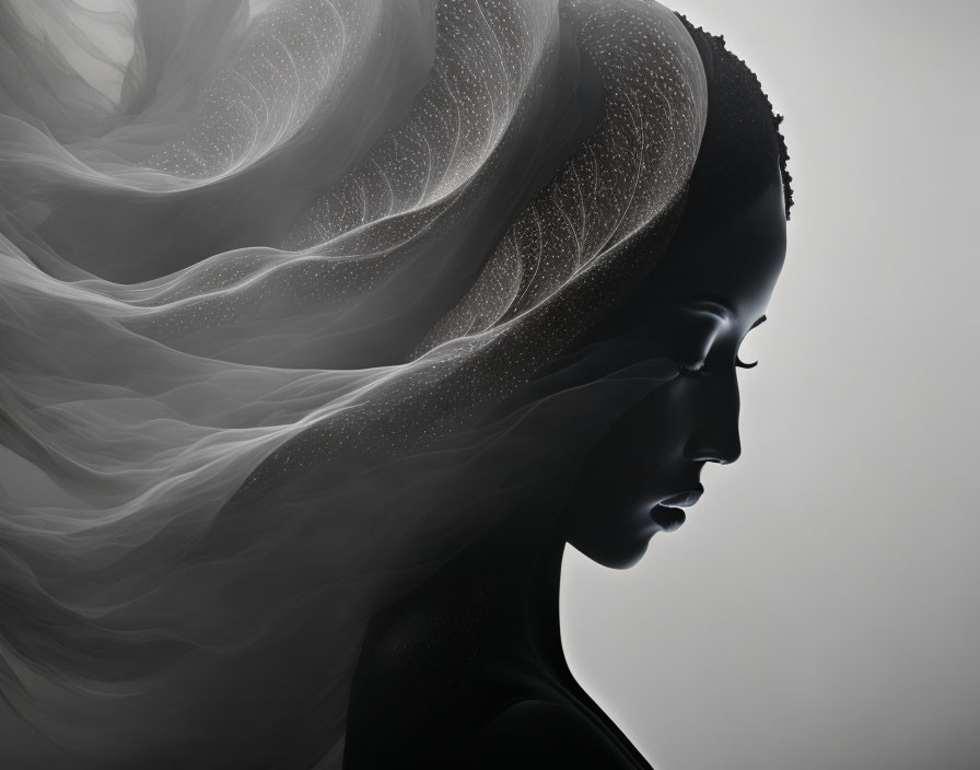 Artistic Profile View of Woman with Dark Skin and Abstract Hair Design on Gray Background