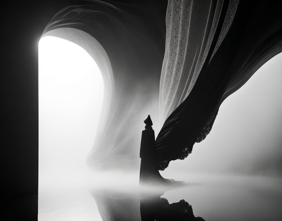 Silhouetted figure in cloak and hat under misty rock formation