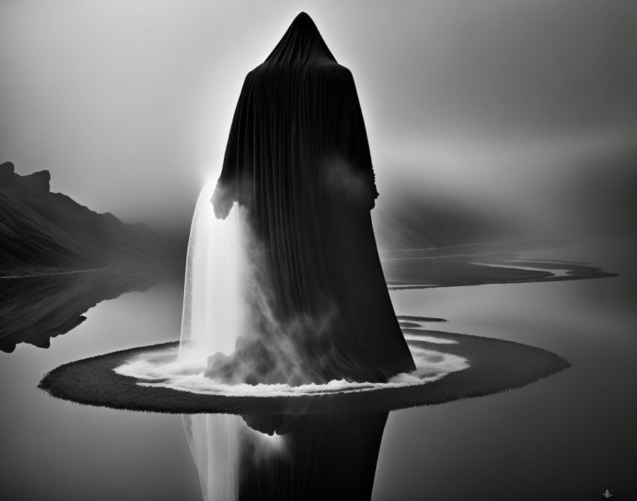 Mysterious figure on floating island in misty lake with mountains