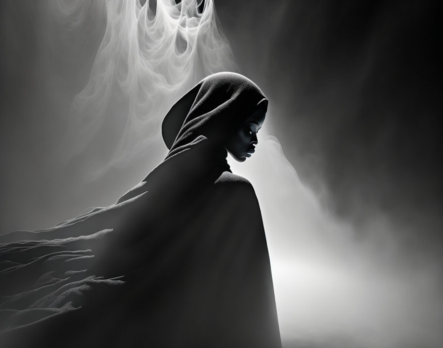 Monochrome art: Mysterious figure in cloak with swirling mist against dark background