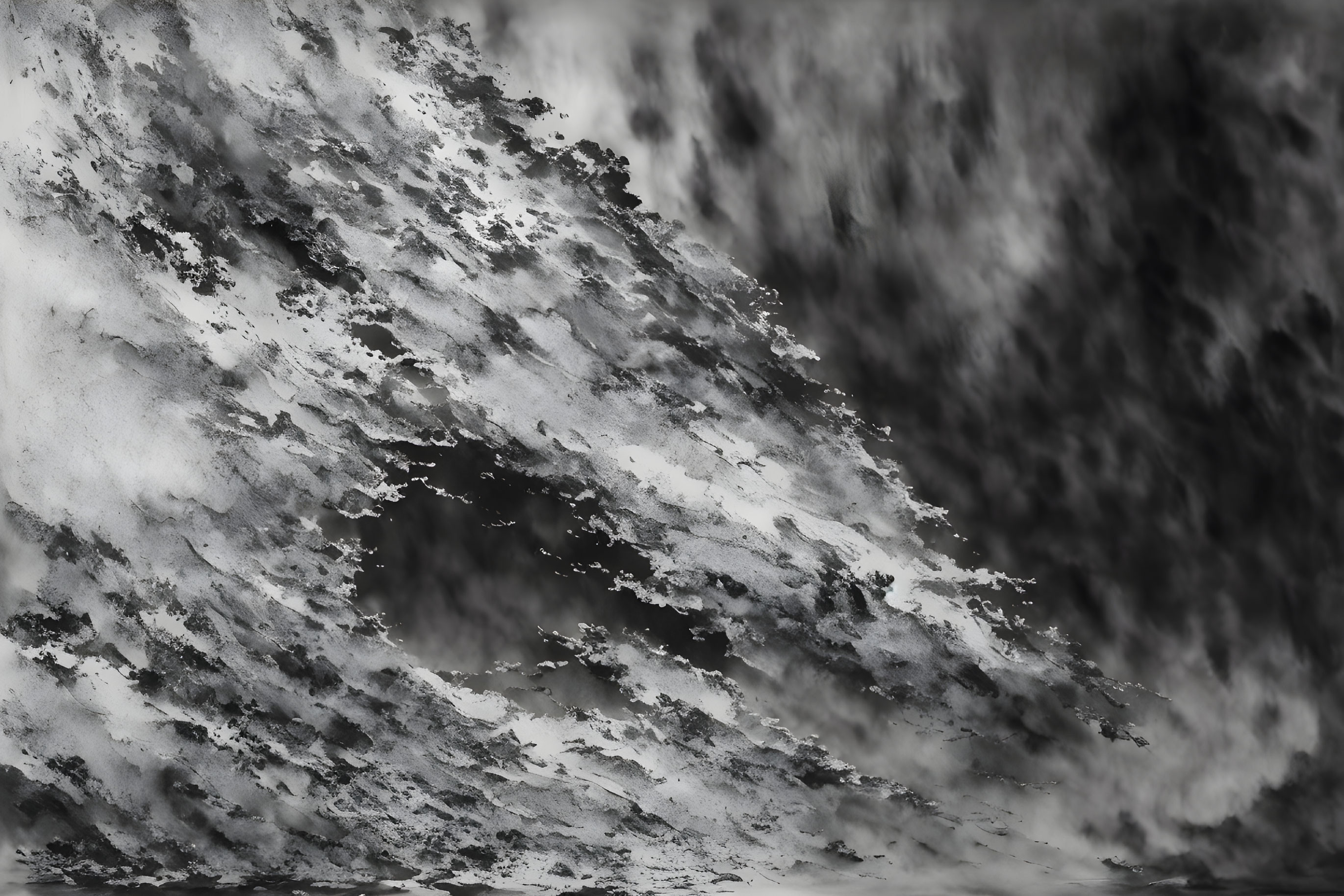 Monochromatic abstract image: rugged cliff textures against cloudy sky