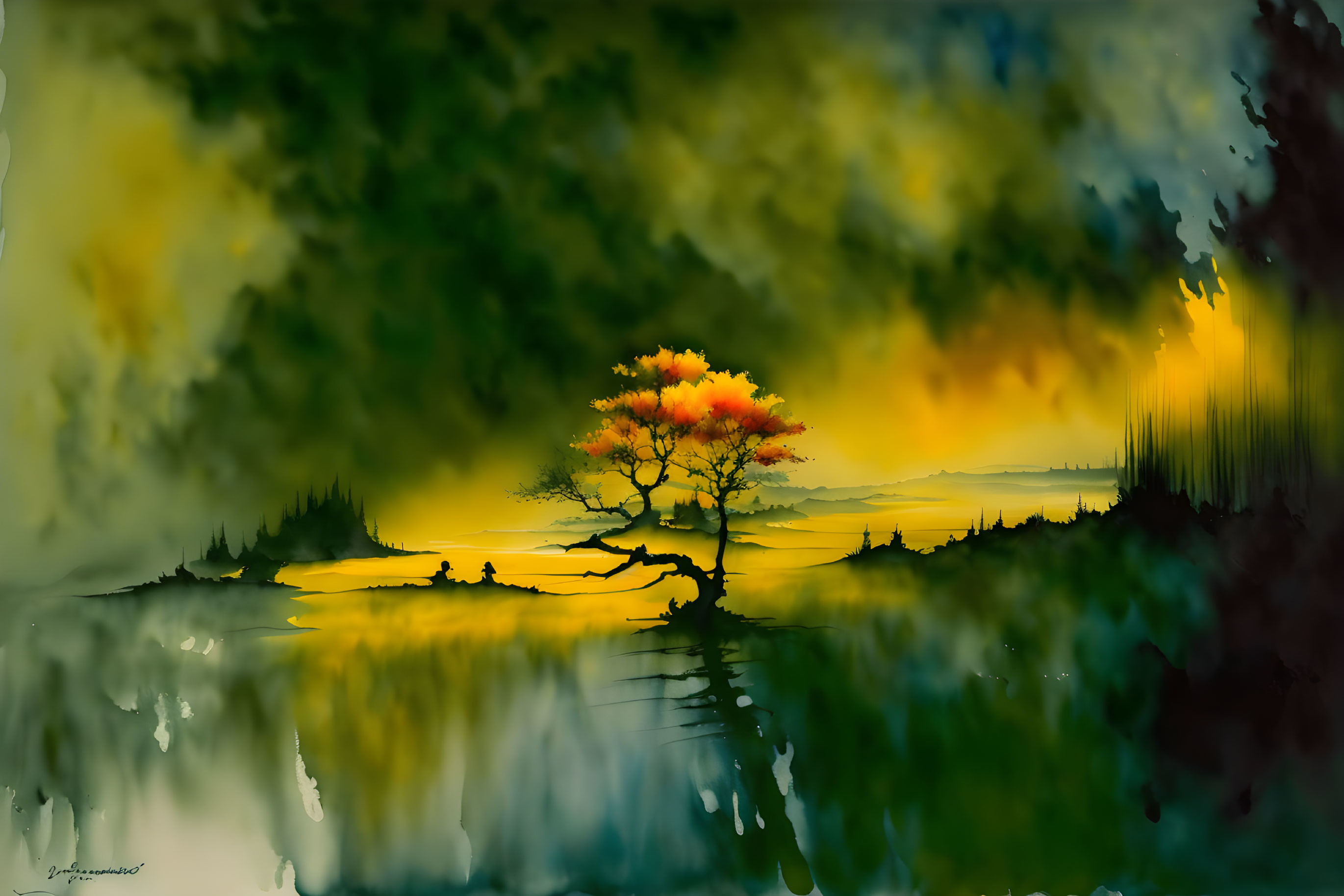 Vivid artwork of solitary tree with fiery leaves reflected in water under dramatic sky