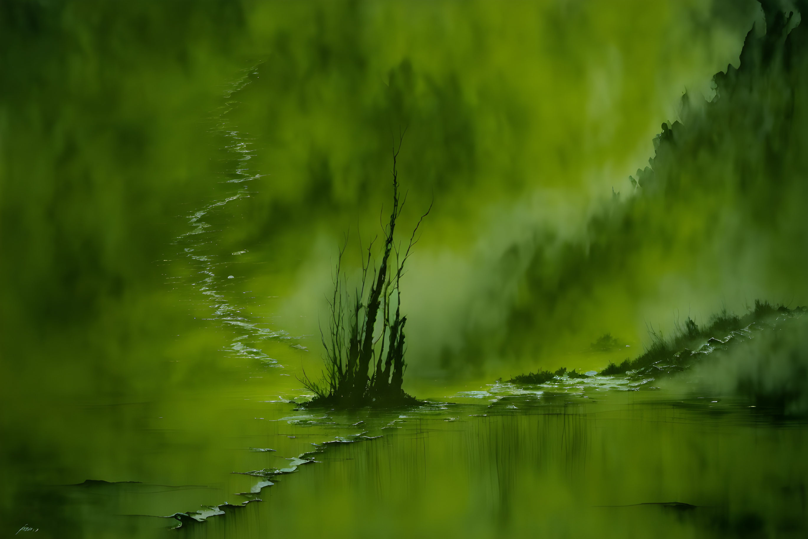 Tranquil green landscape with serene water body and misty background