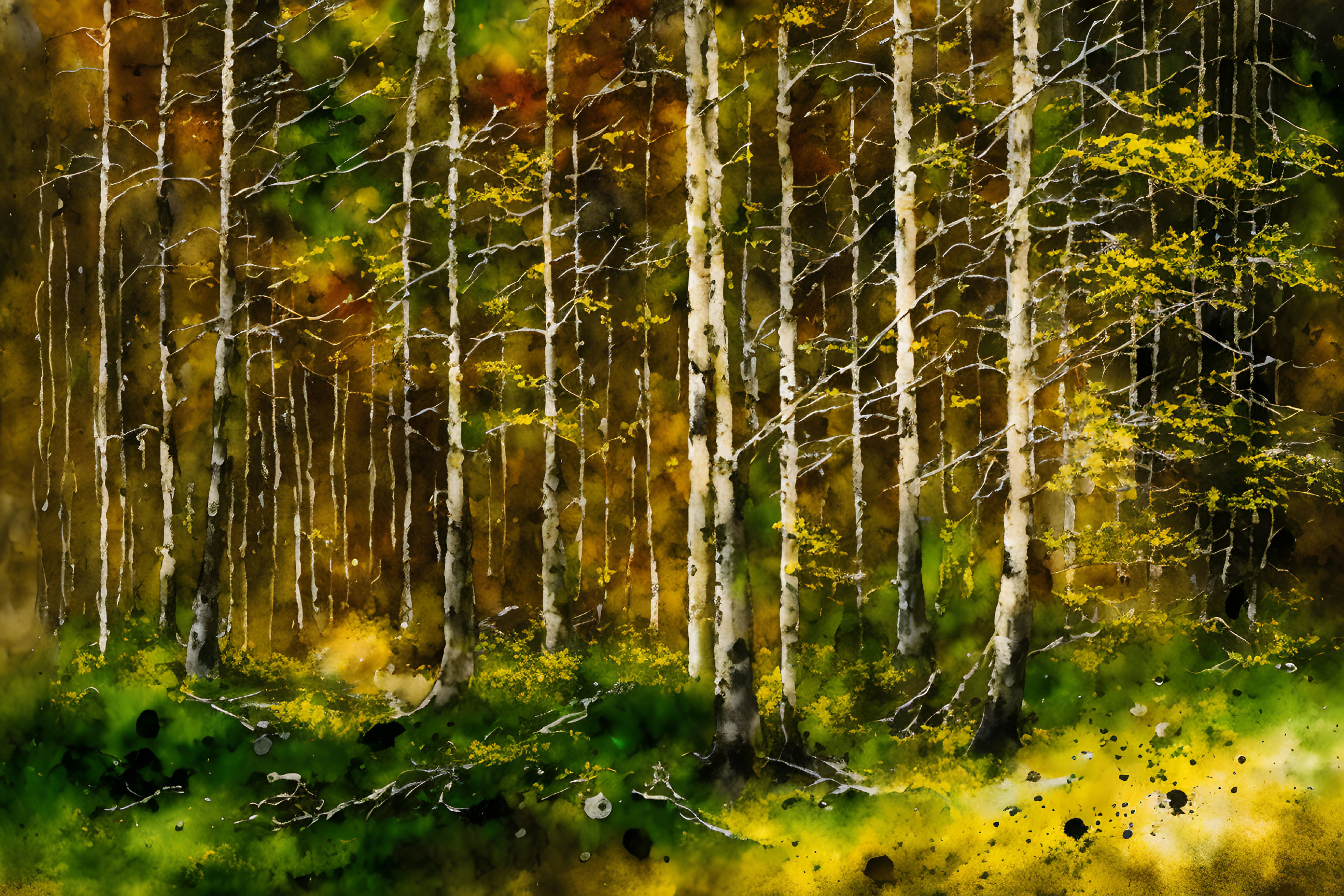 Autumn birch forest watercolor with golden hues and ink splatters