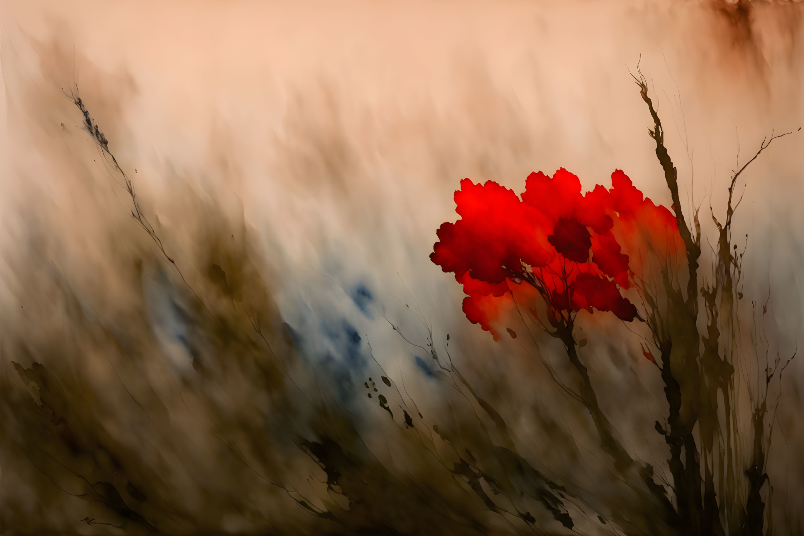 Red flowers against dreamy abstract background with soft hues of white, blue, and brown