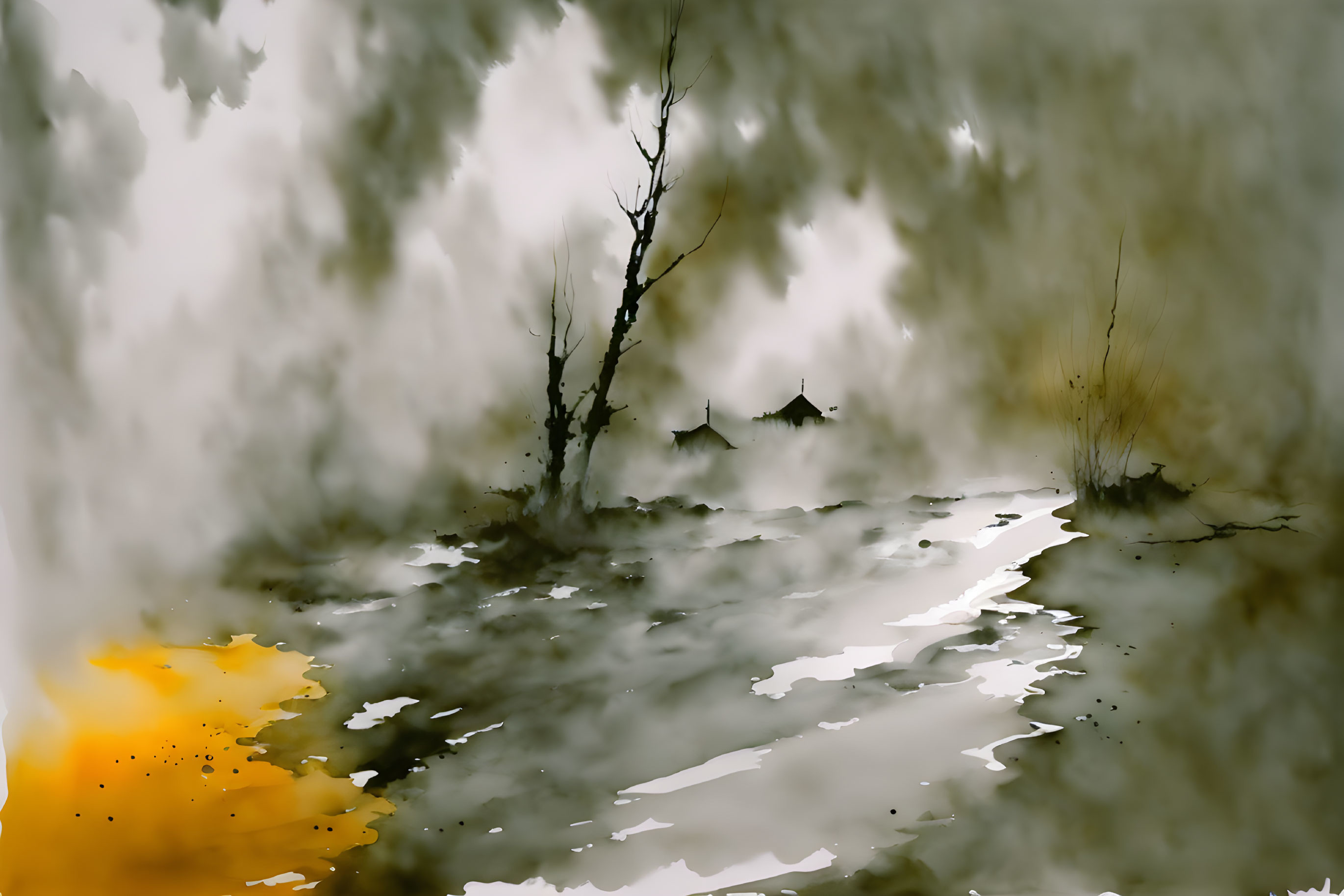 Monochrome watercolor-style misty landscape with bare trees and reflective water path