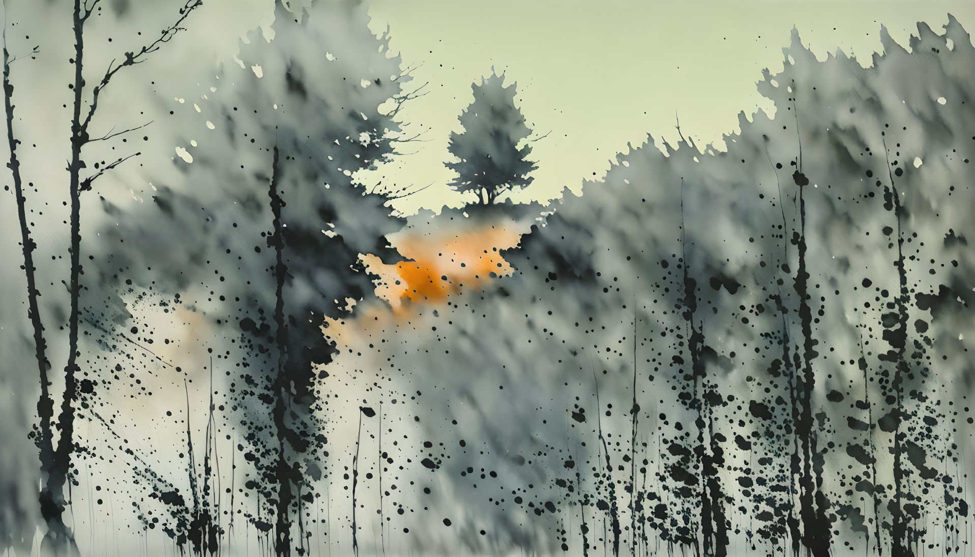 Forest silhouette with watercolor effect and sun glow - trees and leaf-like splashes depicted.