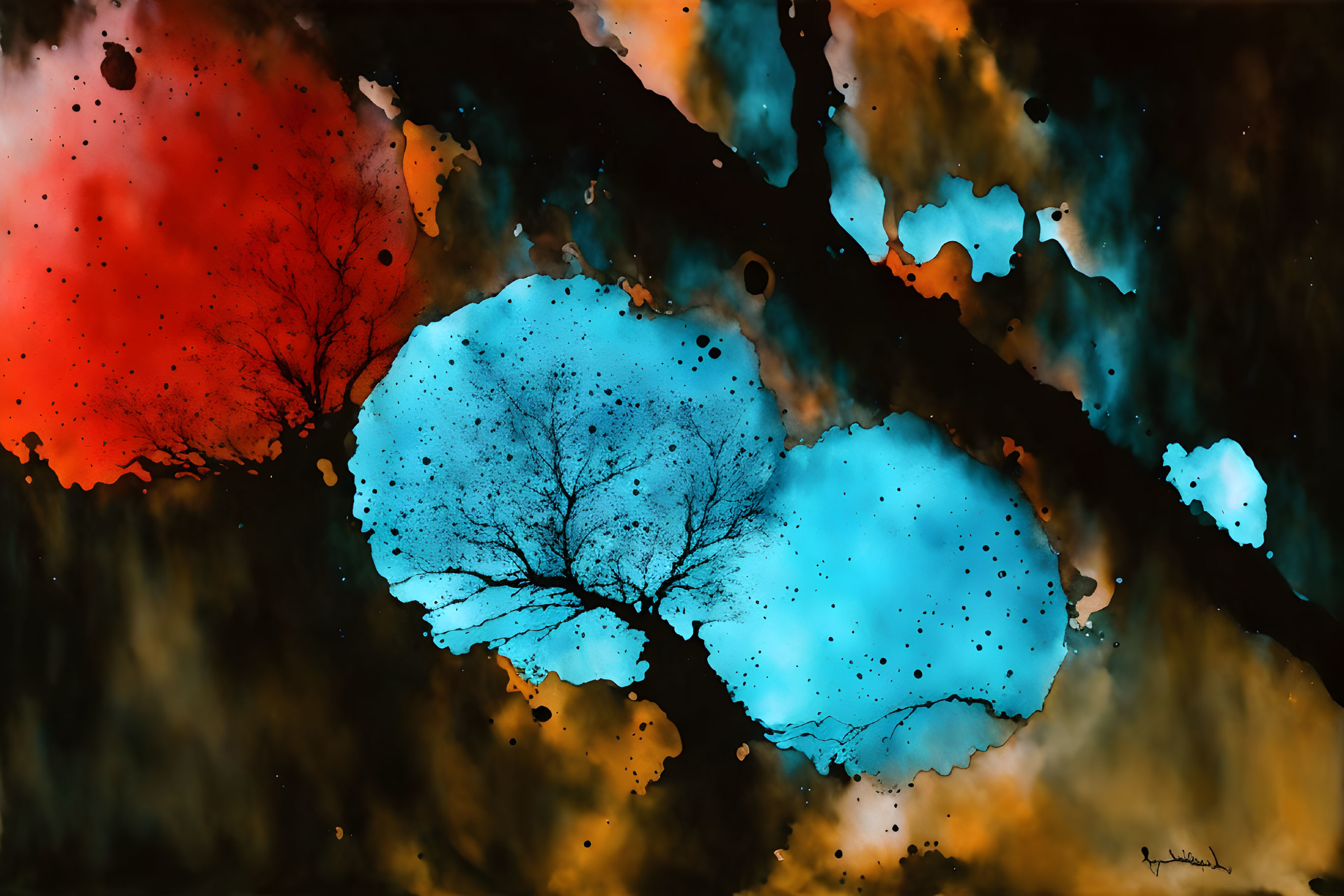 Colorful artwork: Silhouette trees against blue, red, and yellow ink blots