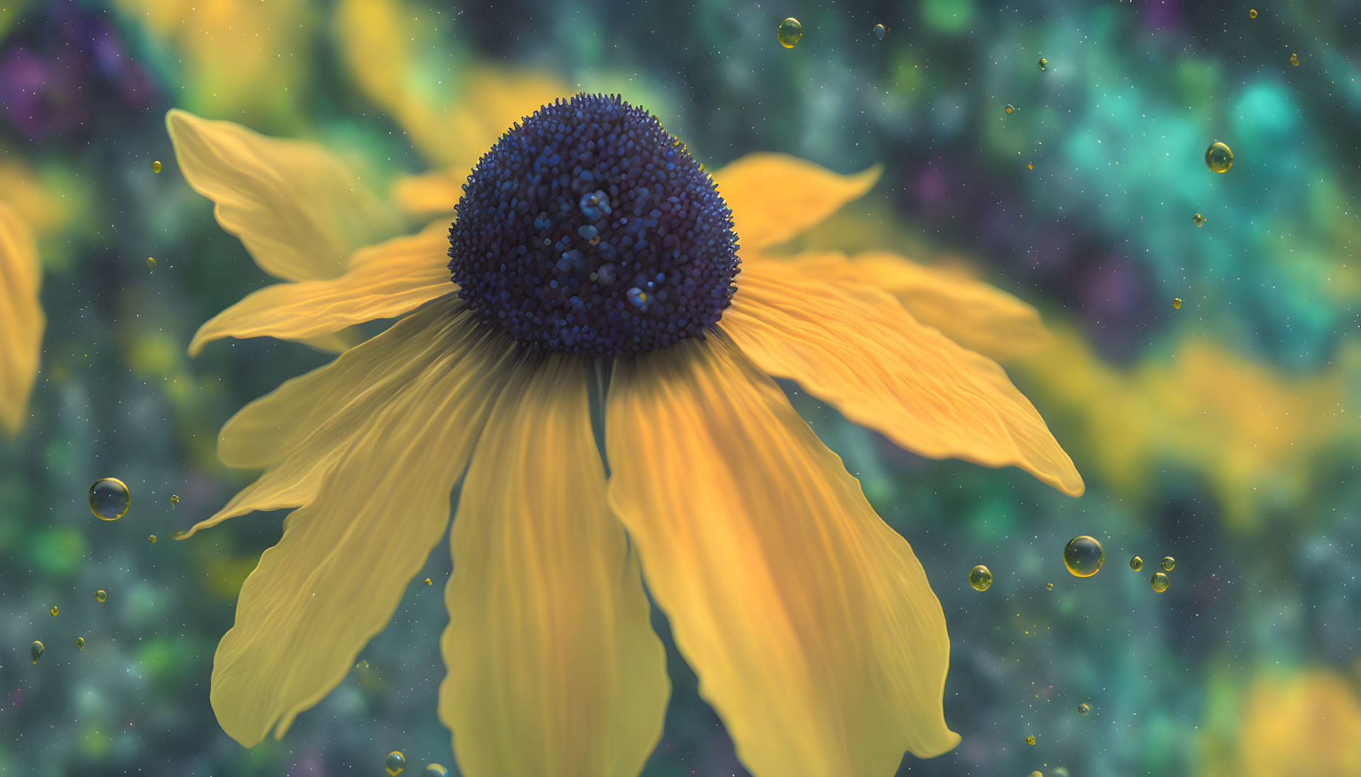 Vibrant yellow flower with dark blue center and floating bubbles on green and yellow bokeh background