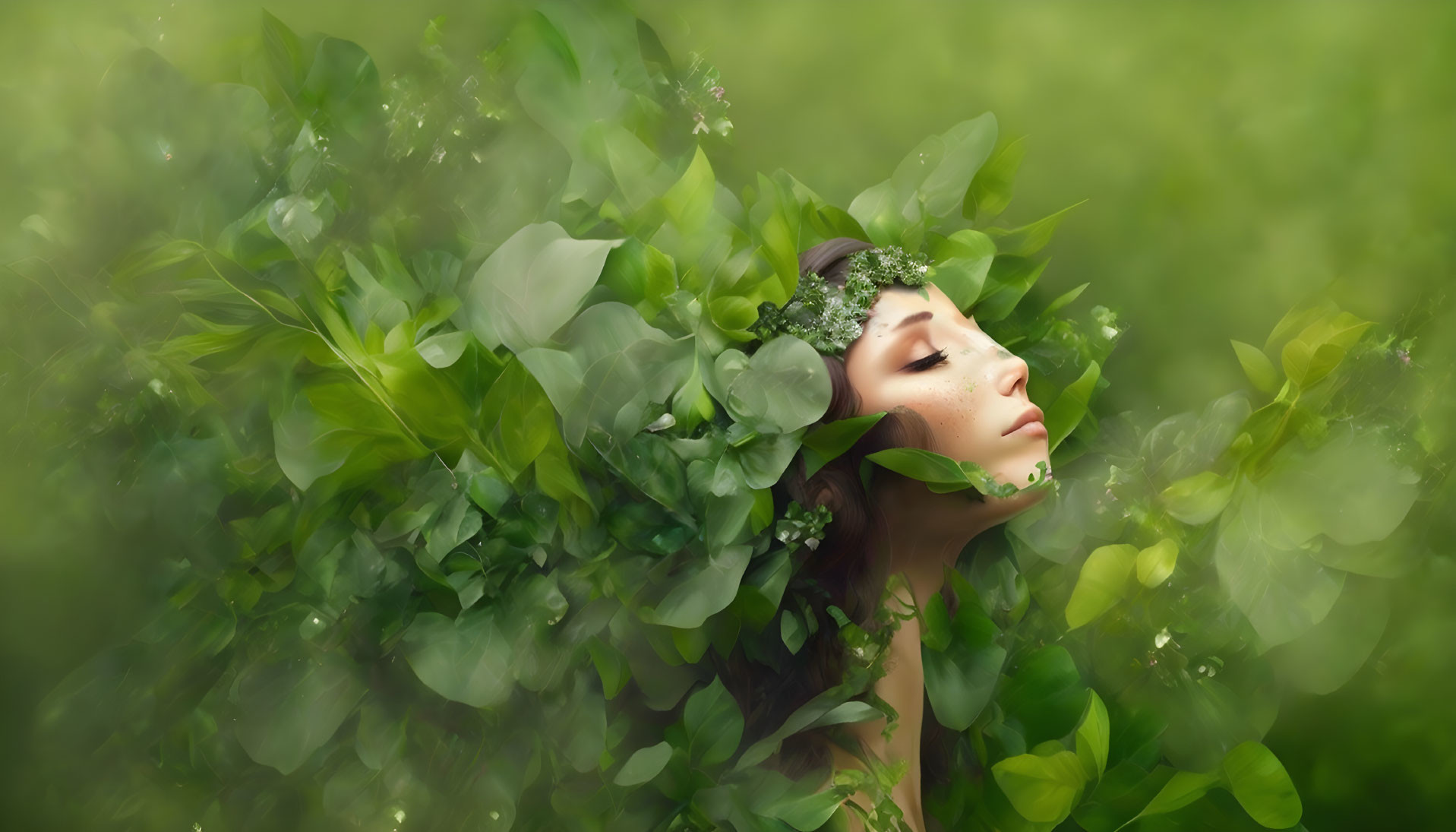 Woman with green foliage and flowers in serene natural setting