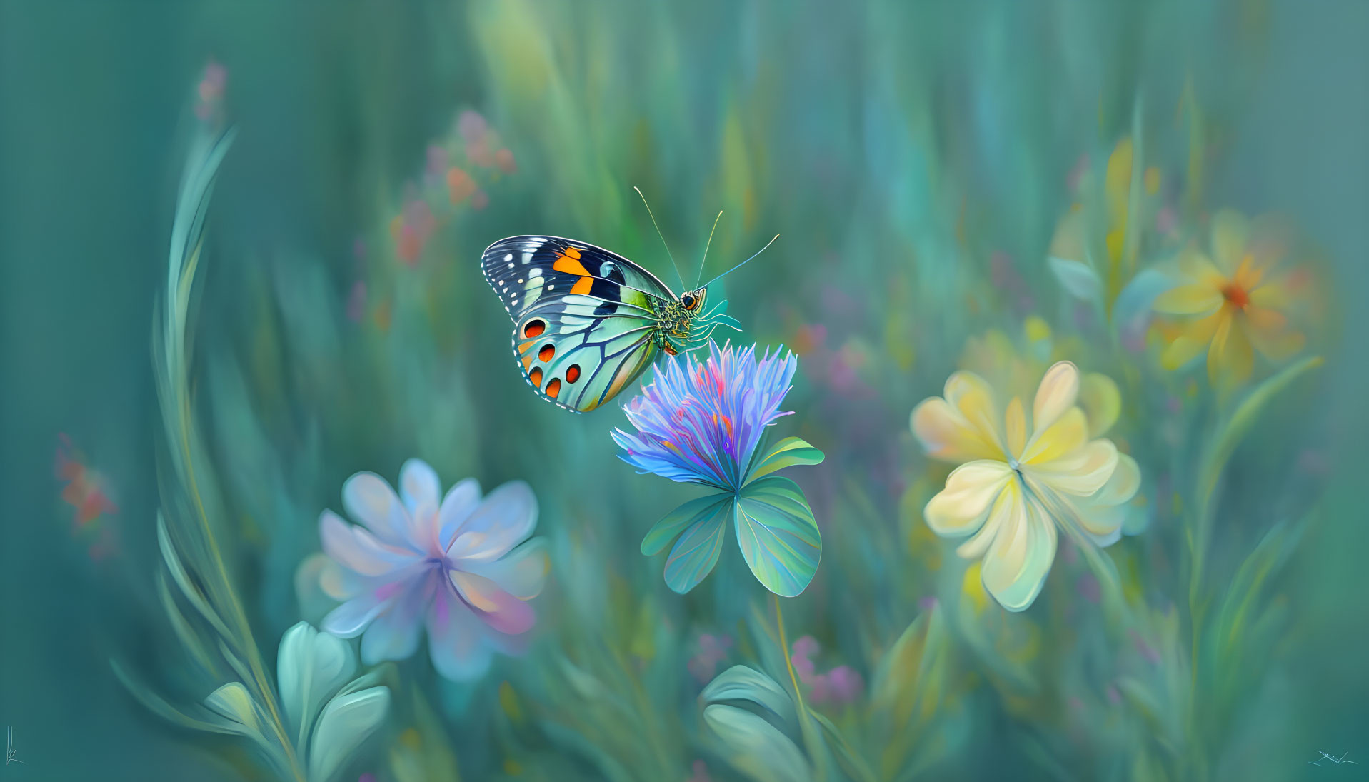 Colorful Butterfly Resting on Blue Flower in Soft-focus Pastel Field