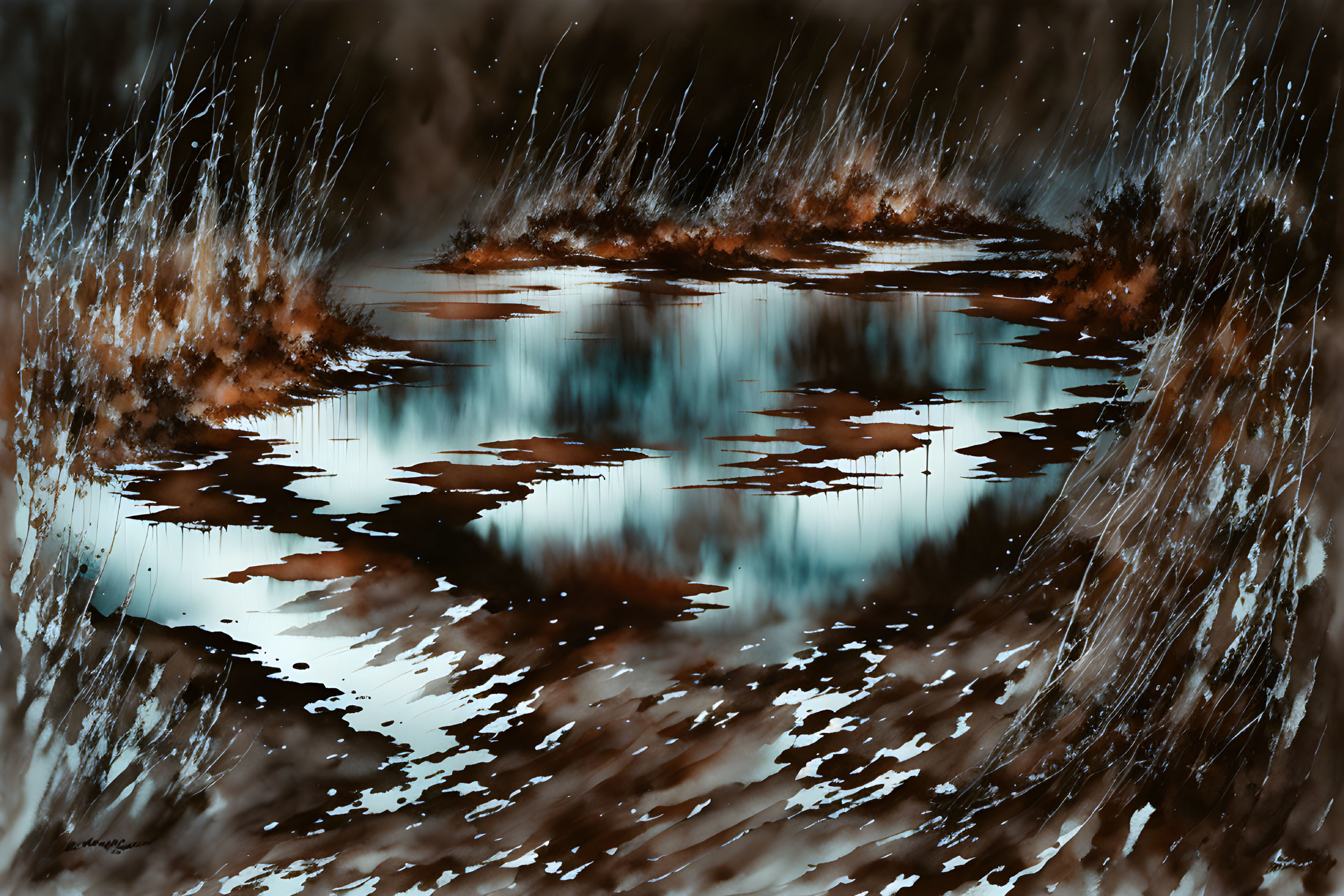 Surreal landscape with reflective pool and swirling patterns