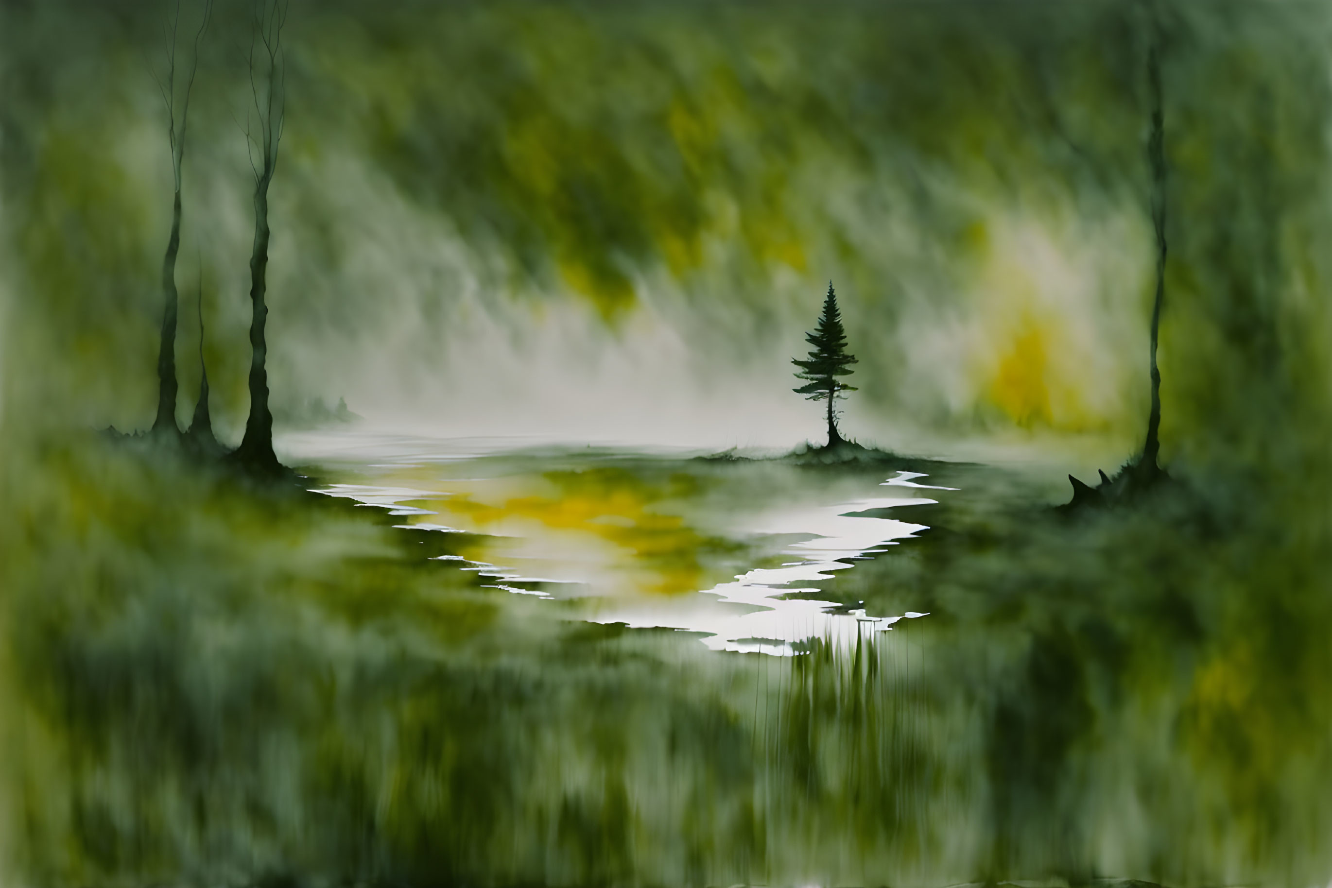 Tranquil landscape: misty lake, lone tree, lush greenery, yellow sky