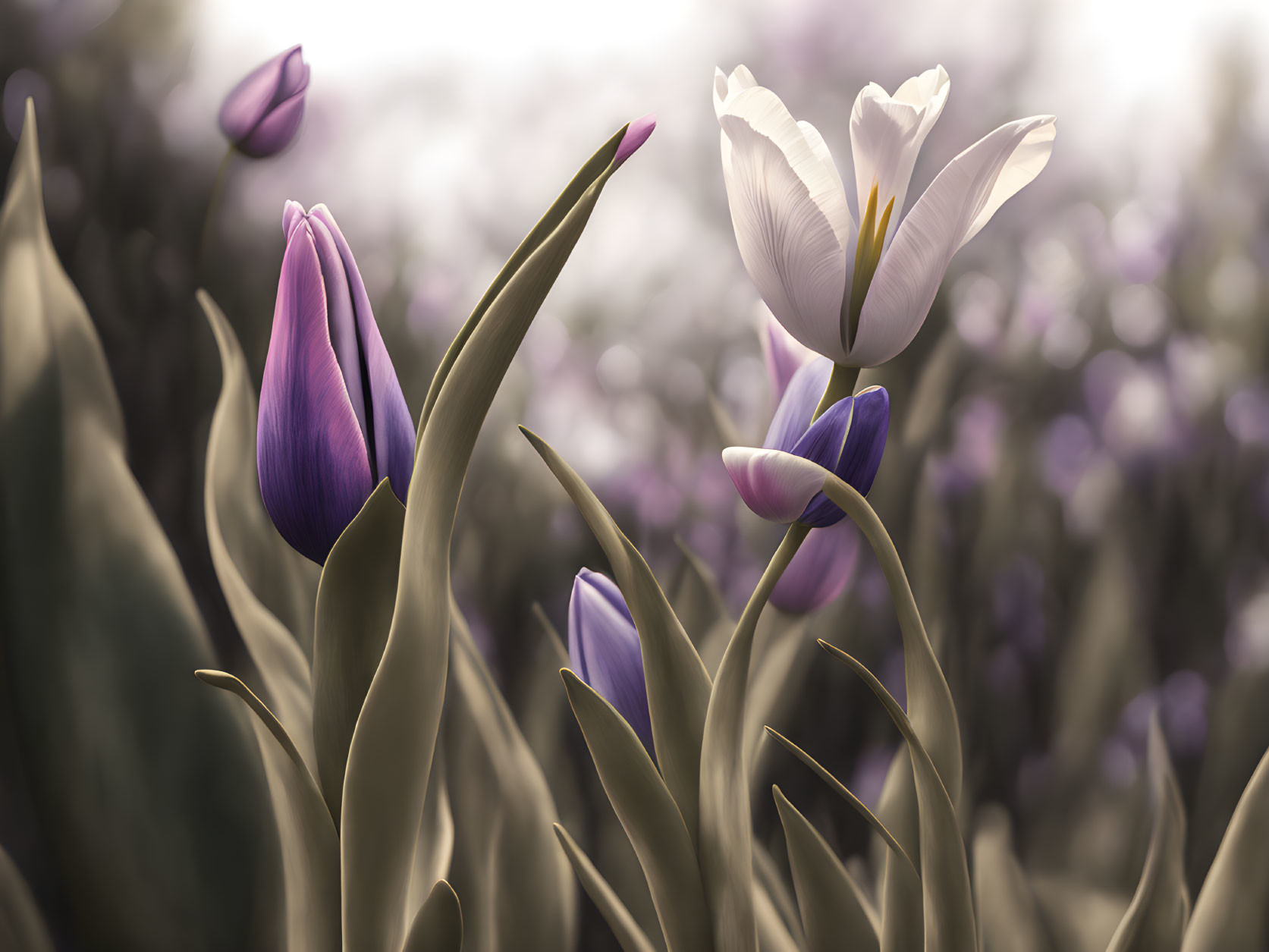 White tulip surrounded by purple blooms and green foliage in soft-focus background