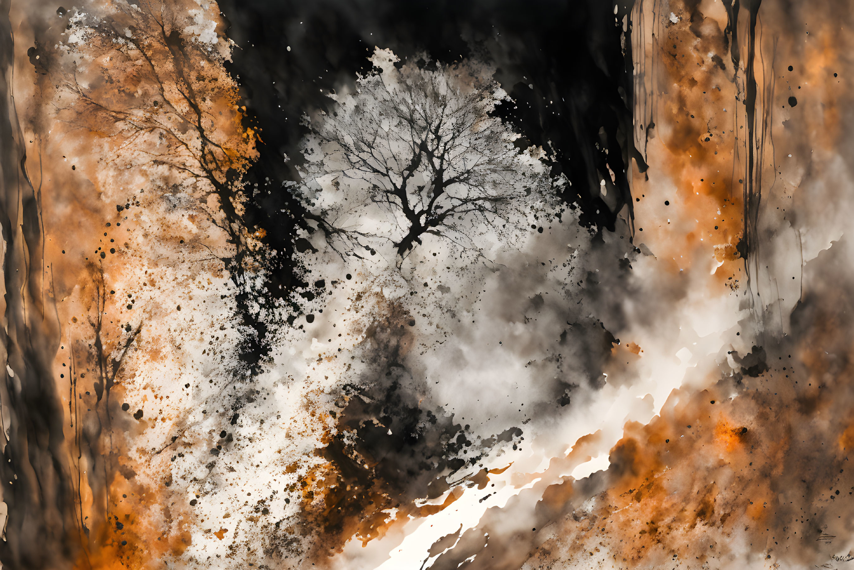 Abstract art: Lone tree in orange, black, and white splashes