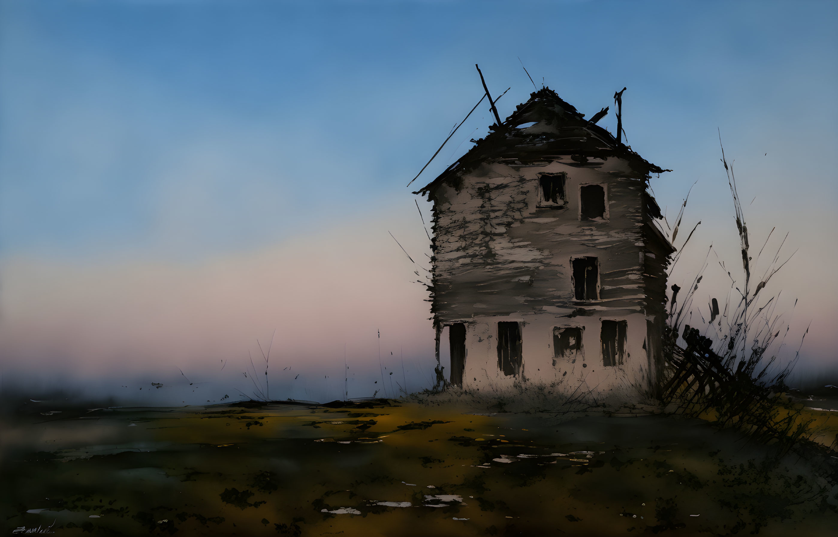 Abandoned two-story house in desolate field under dusk sky