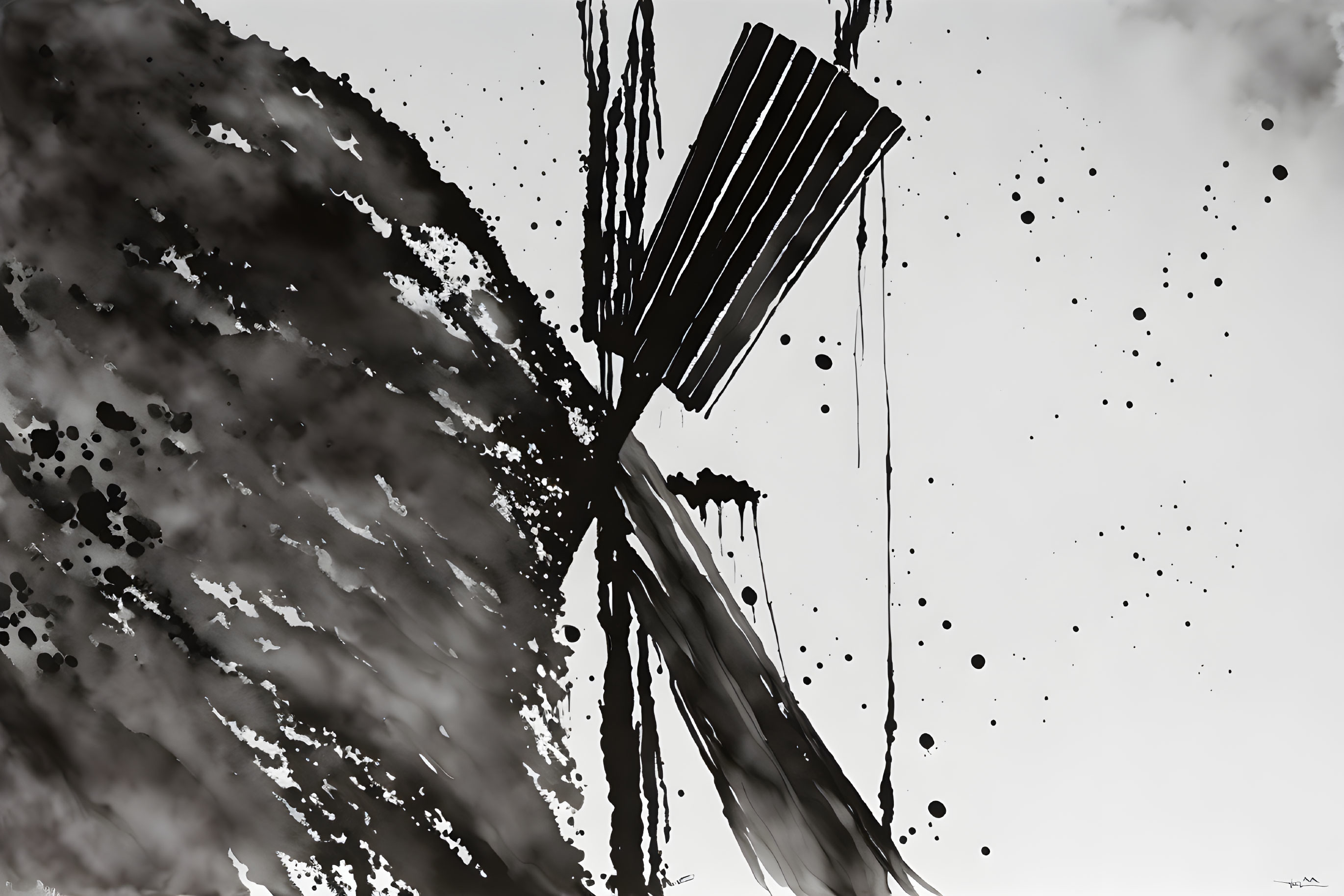 Dynamic black and white abstract artwork with explosive splashes and streaks