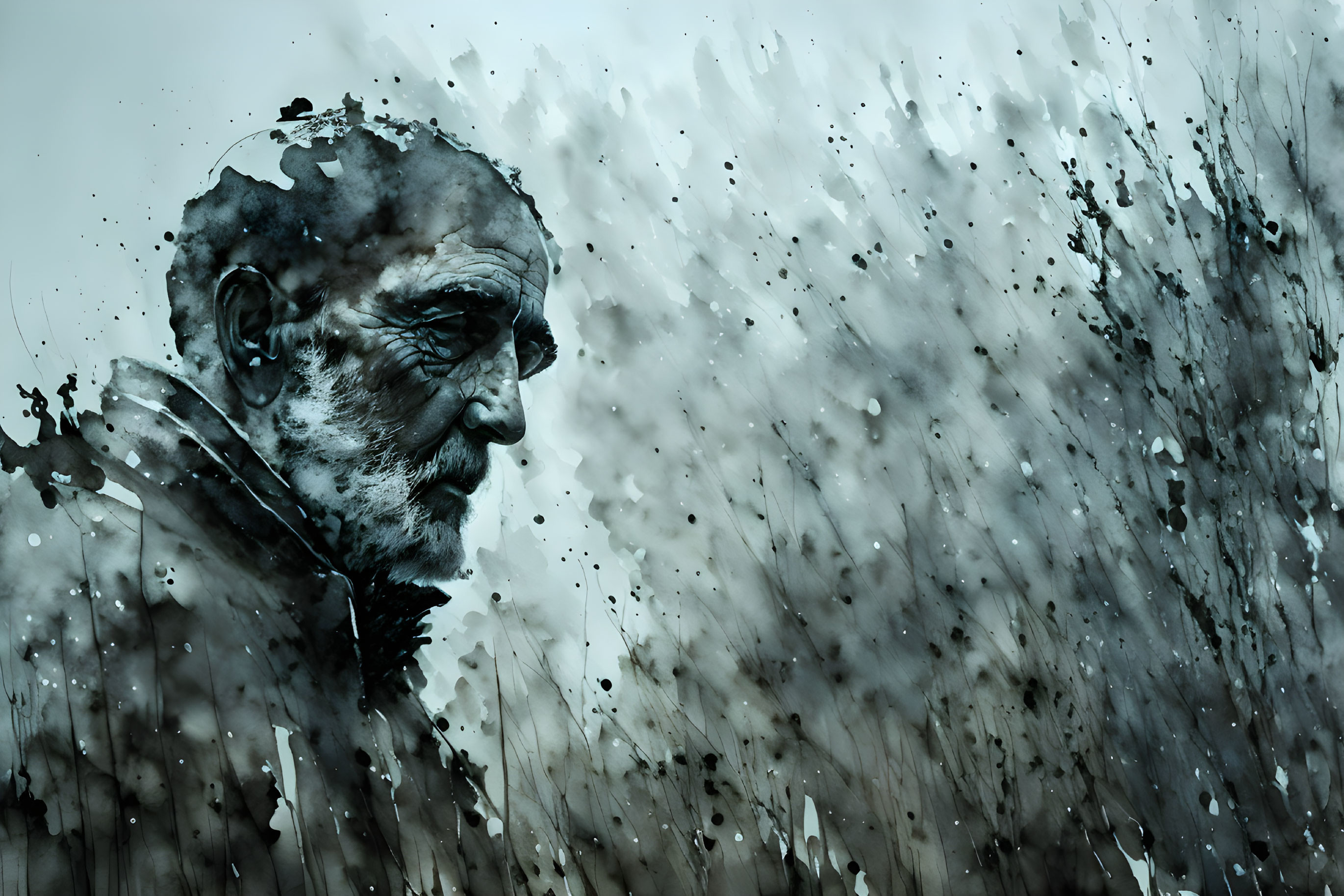 Elderly man's profile dissolving into paint splatters