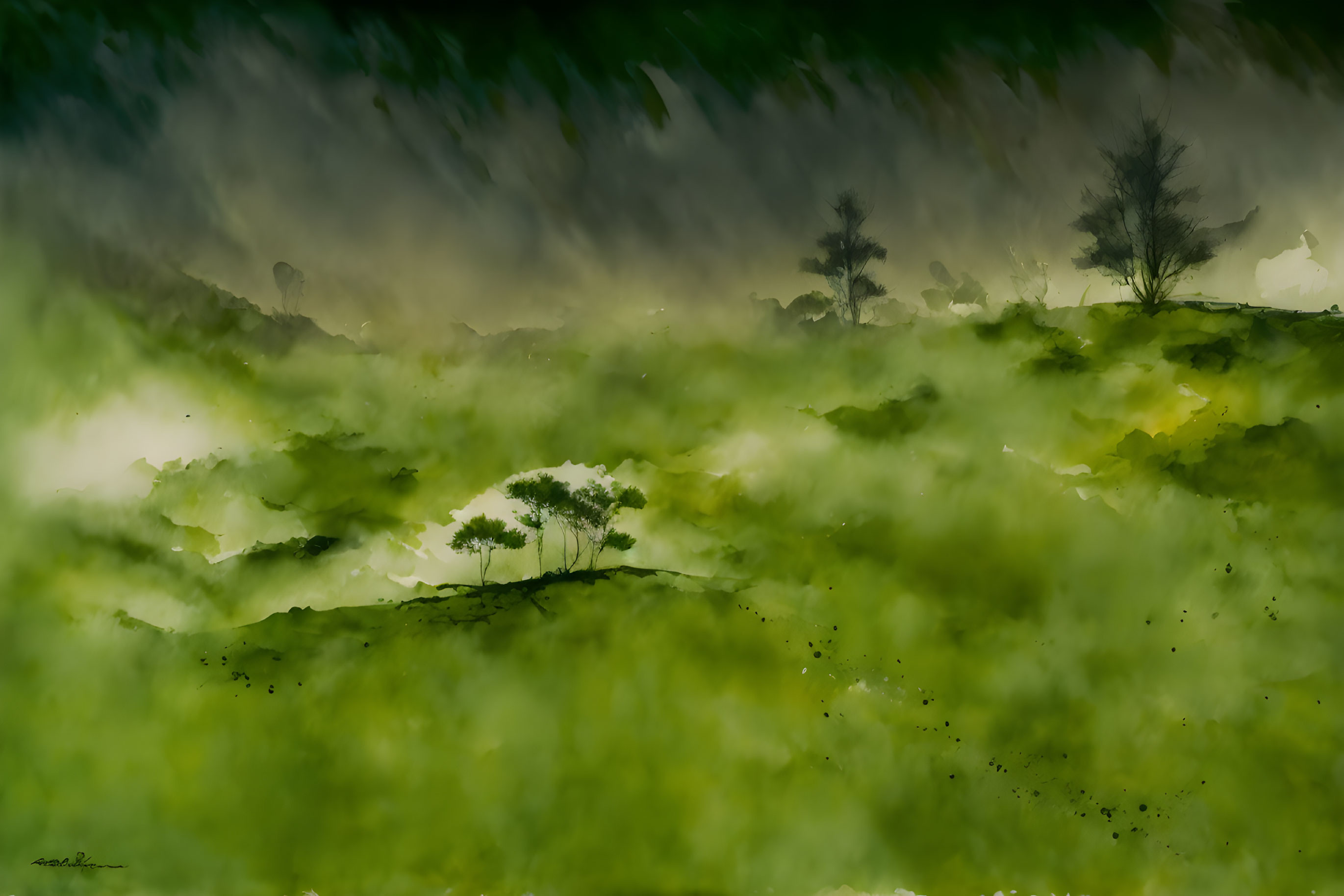 Mystical landscape with misty trees under green sky