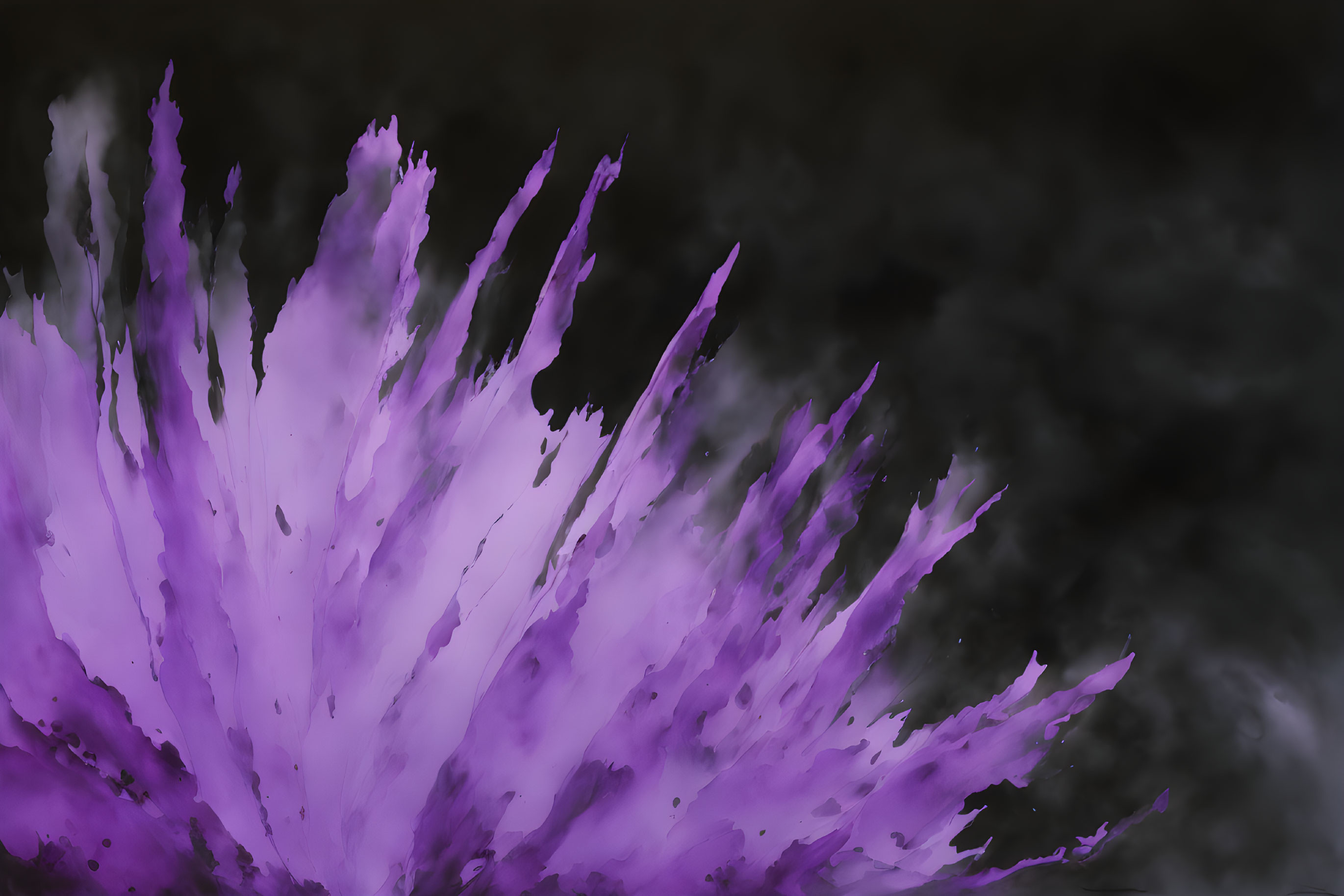 Purple splash with pointed edges on dark, smoky background