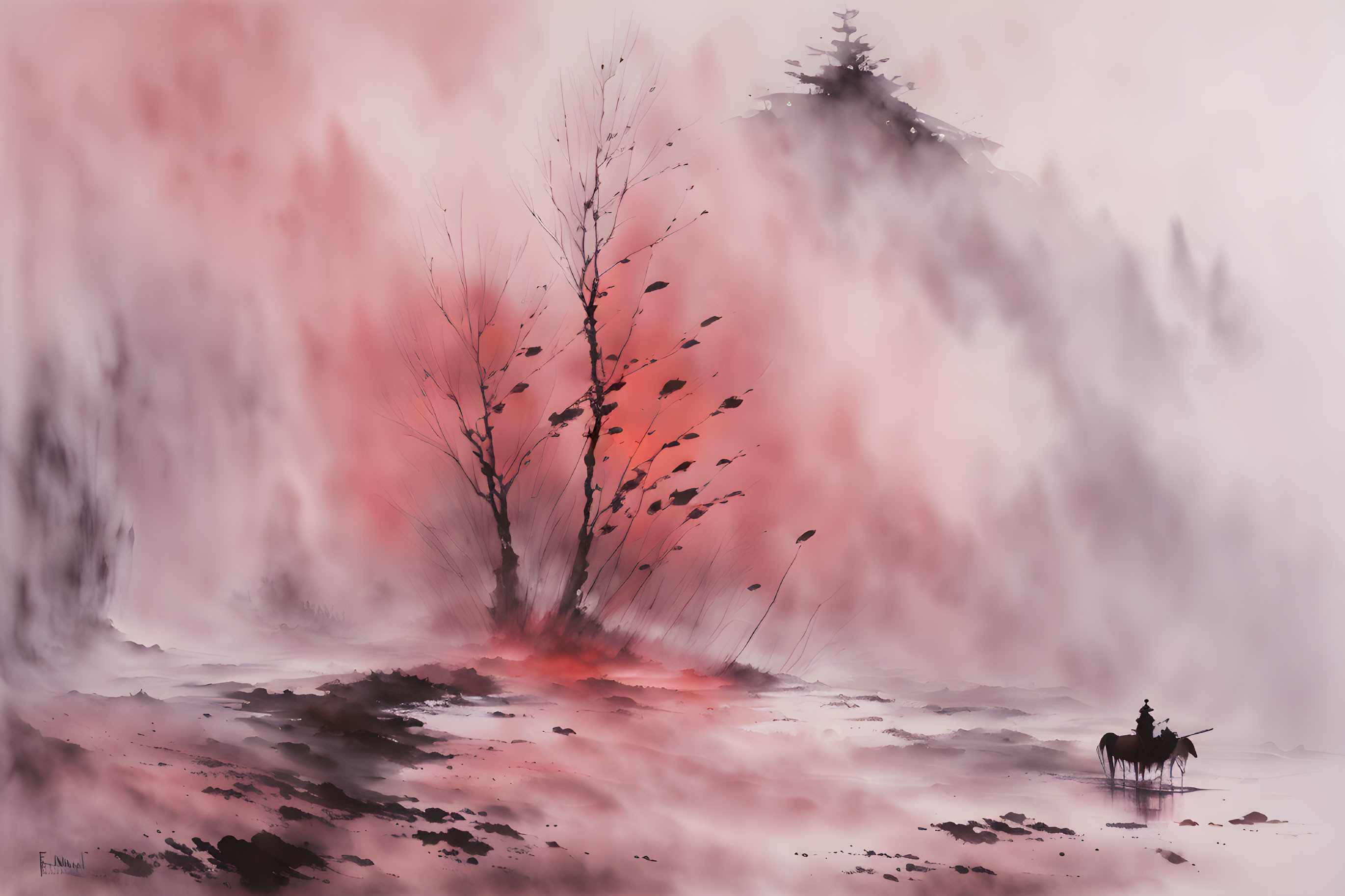 Monochromatic pink digital art of person in boat under tree