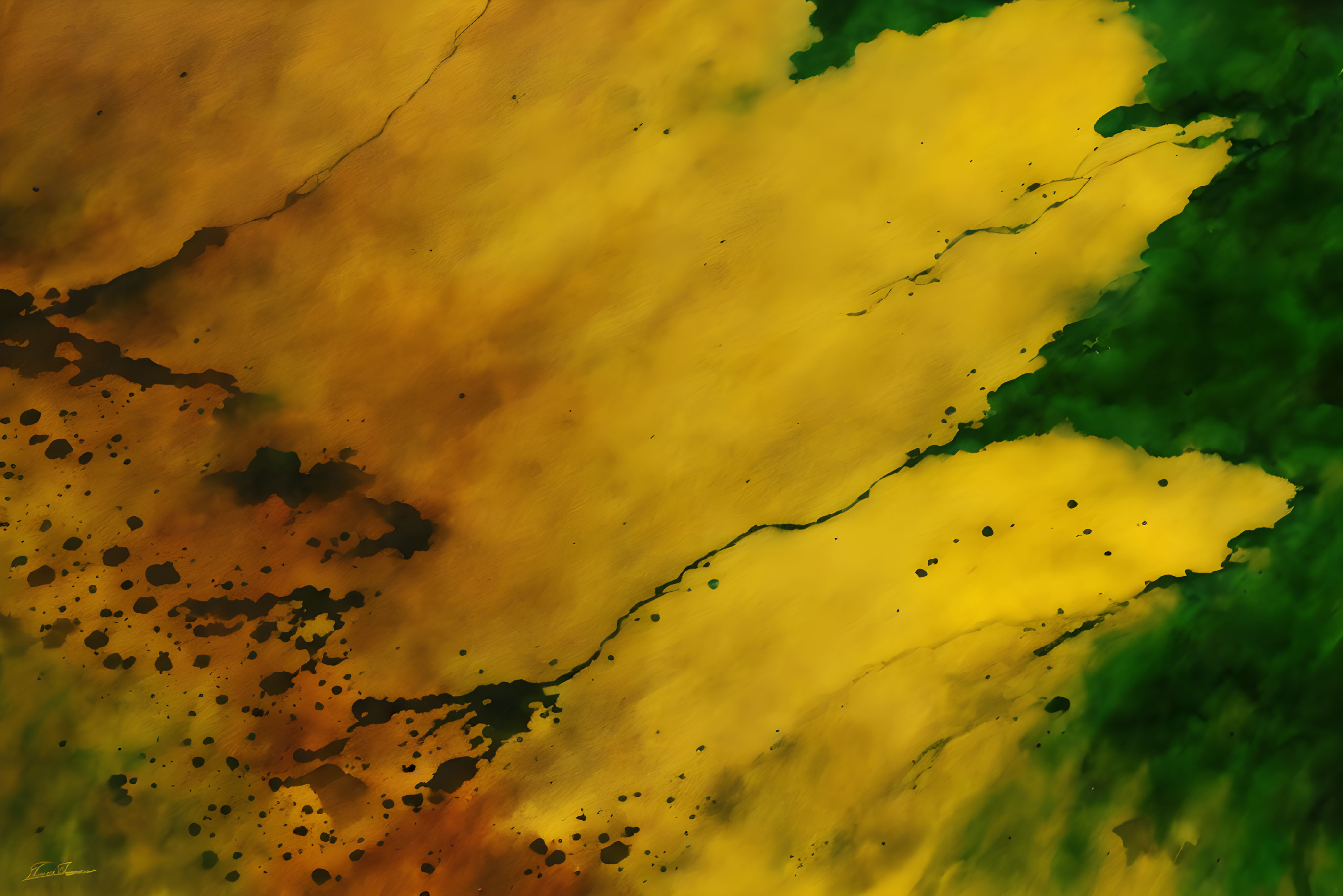 Abstract art with flowing yellow and green hues intersected by bold orange streaks and black dots