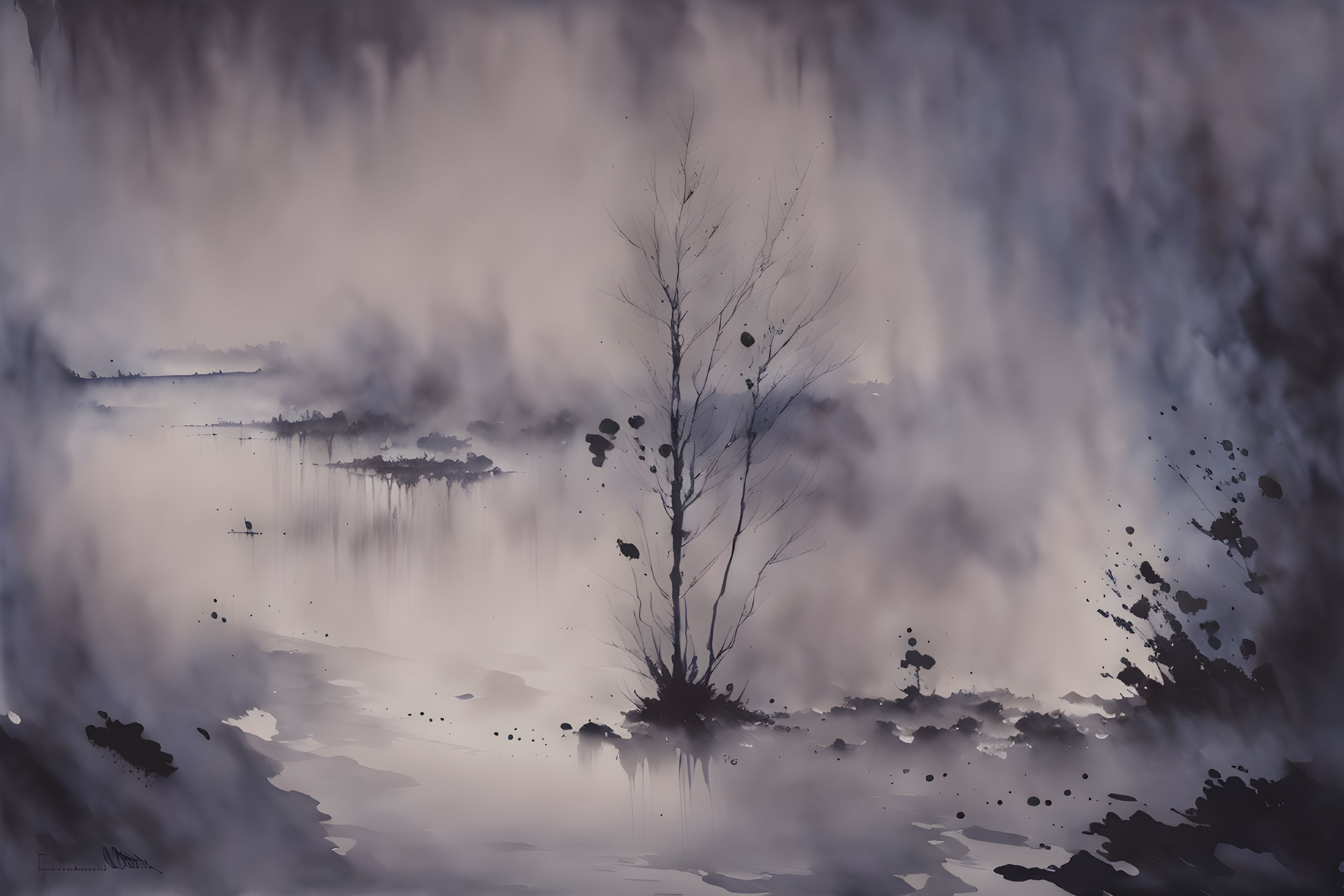 Monochromatic misty landscape with lone tree reflection amid abstract patterns