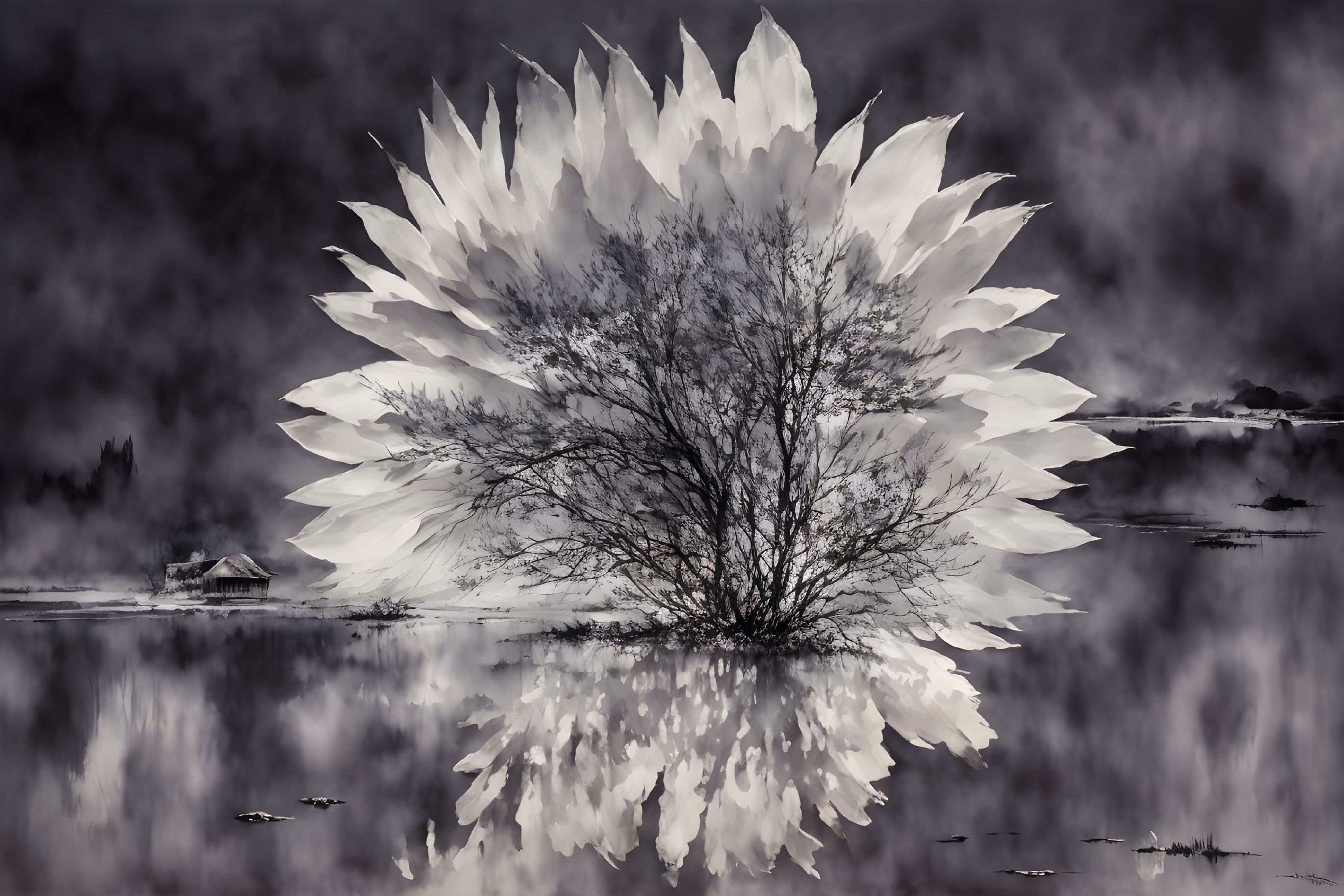 Monochrome tree with oversized white leaves reflected in water, small hut in misty background