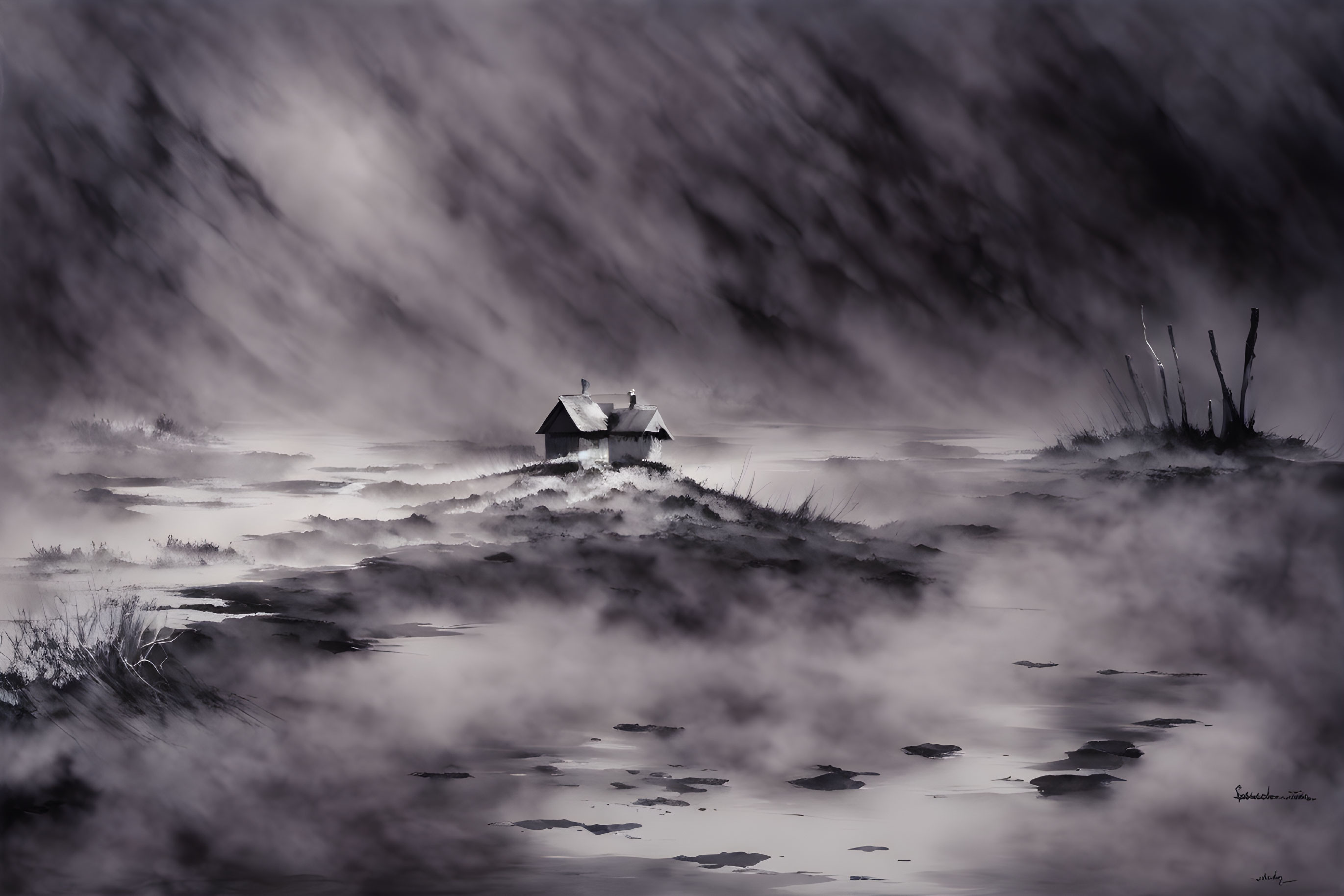 Monochromatic landscape with small house on misty lake and dramatic sky