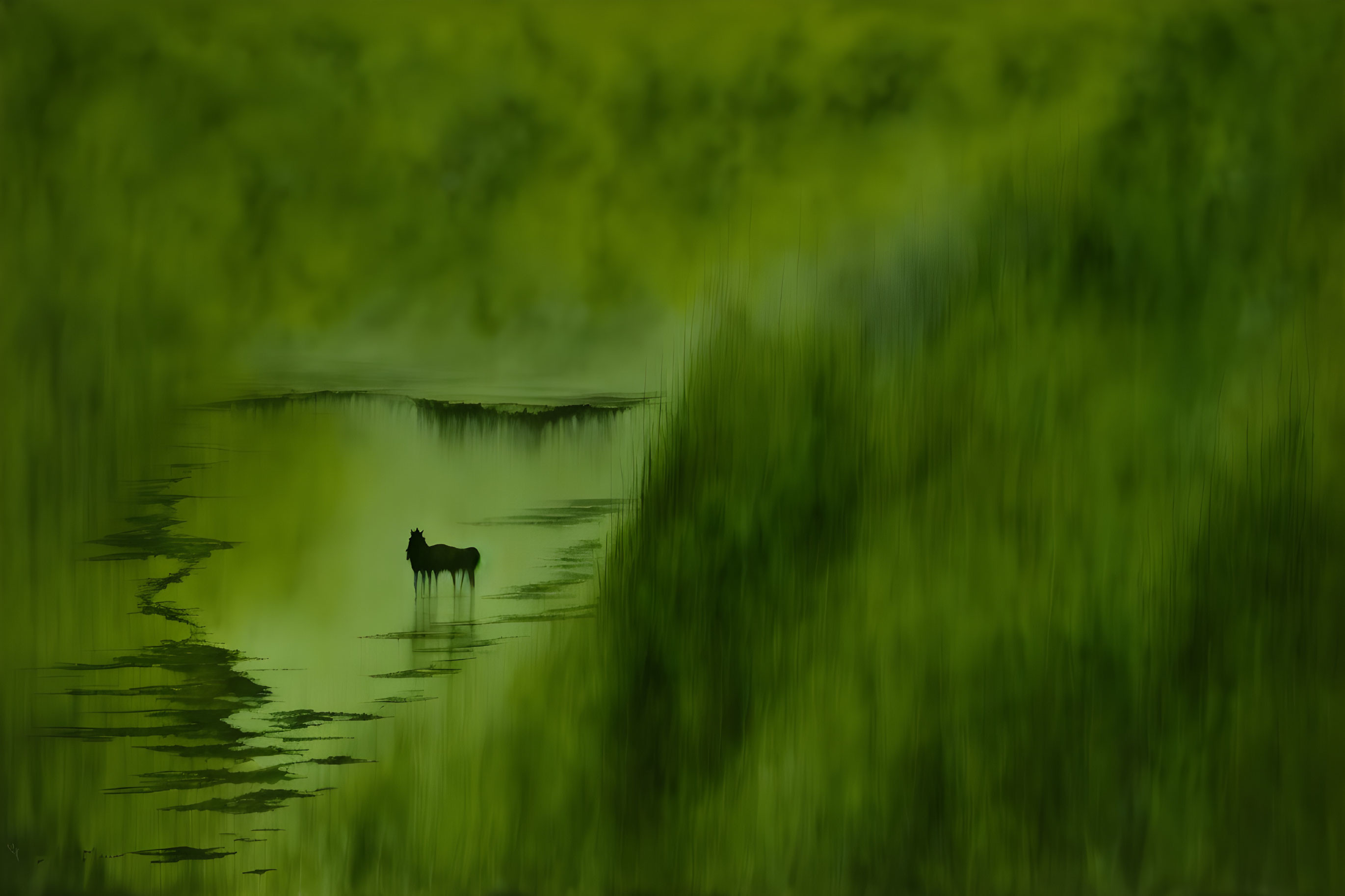 Serene wolf in misty waters with lush green foliage