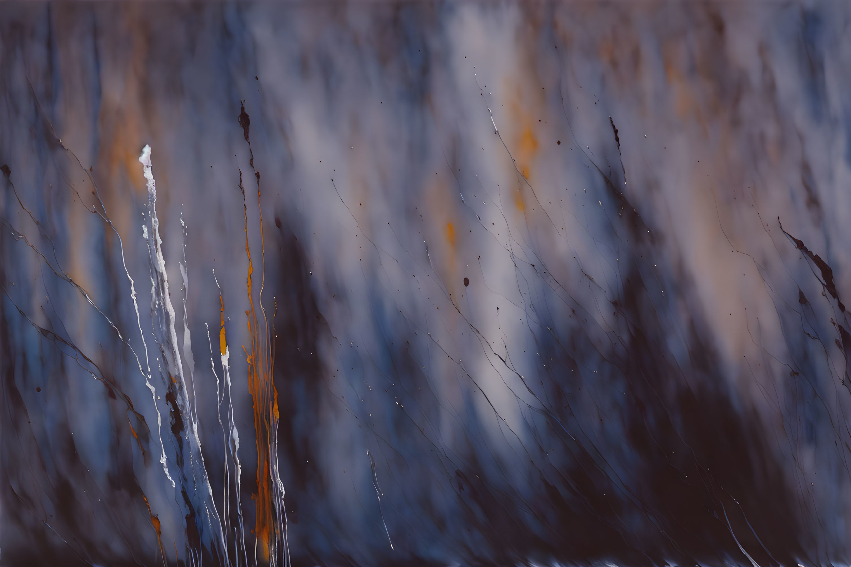 Colorful abstract painting with white, orange, and black streaks on a blurry blue background